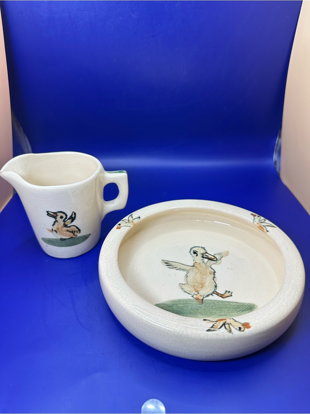 ANTIQUE POTTERY BABY BOWL&MATCHING PITCHER, WELLER JUVENILE ZONA DUCK